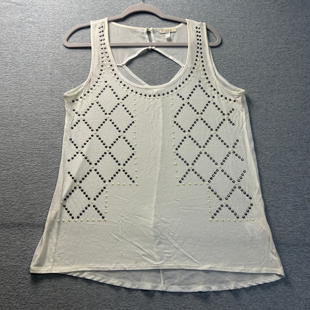 HALO Sleeveless Tank Top Womens M White Studded Pearl Embellished Keyhole Back